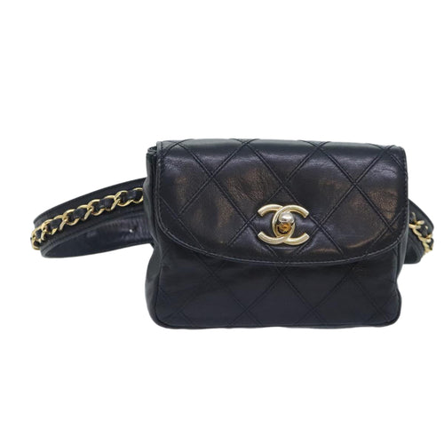 CHANEL Bicolore Chain Waist bag Leather Black Gold CC yk15152