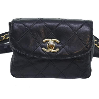 CHANEL Bicolore Chain Waist bag Leather Black Gold CC yk15152
