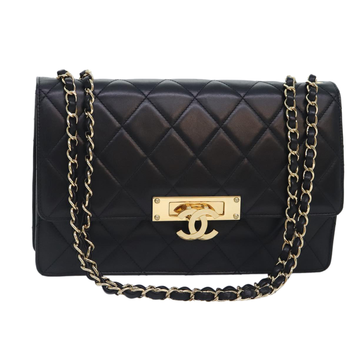 CHANEL Matelasse  COCO Mark Chain Bag Lamb Skin Black Gold CC yk15214A