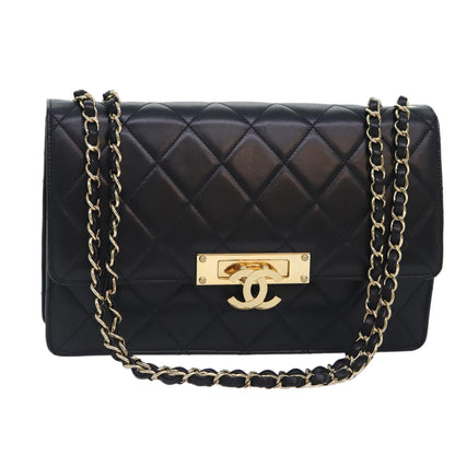 CHANEL Matelasse  COCO Mark Chain Bag Lamb Skin Black Gold CC yk15214A