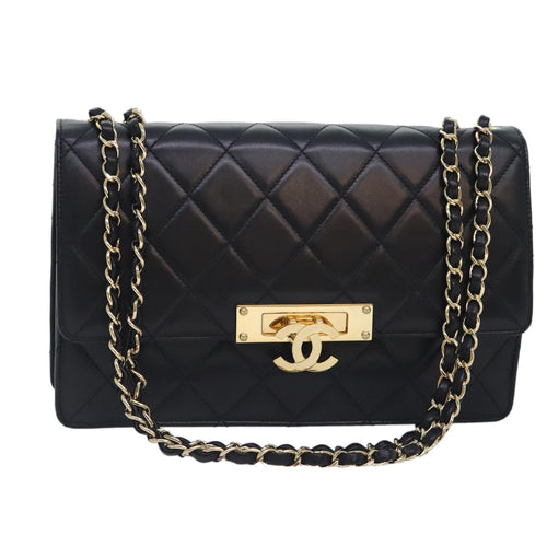CHANEL Matelasse  COCO Mark Chain Bag Lamb Skin Black Gold CC yk15214A