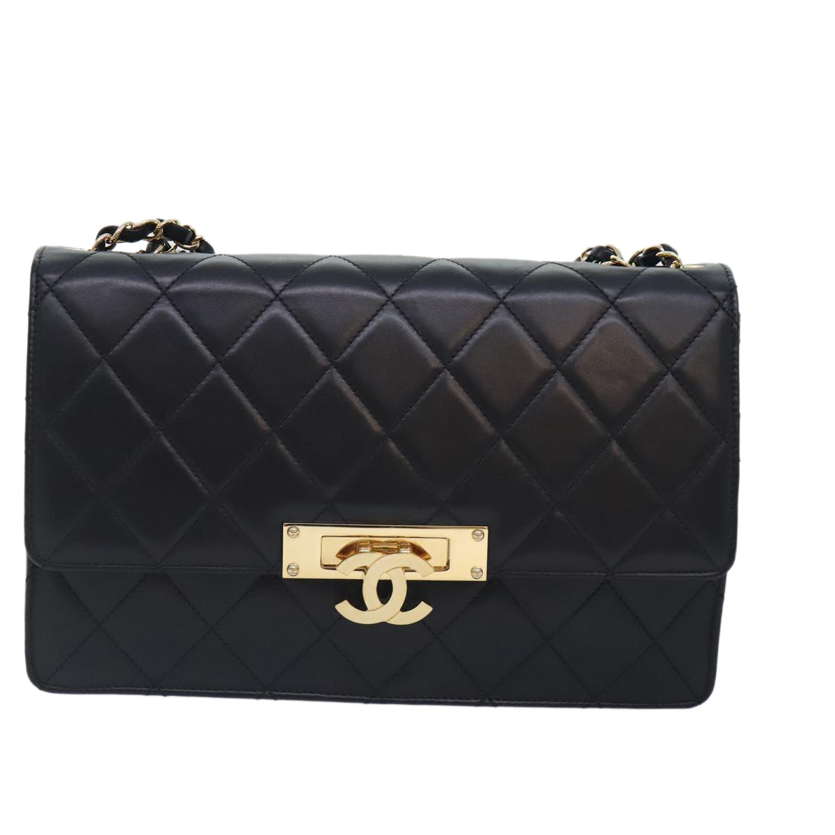 CHANEL Matelasse  COCO Mark Chain Bag Lamb Skin Black Gold CC yk15214A