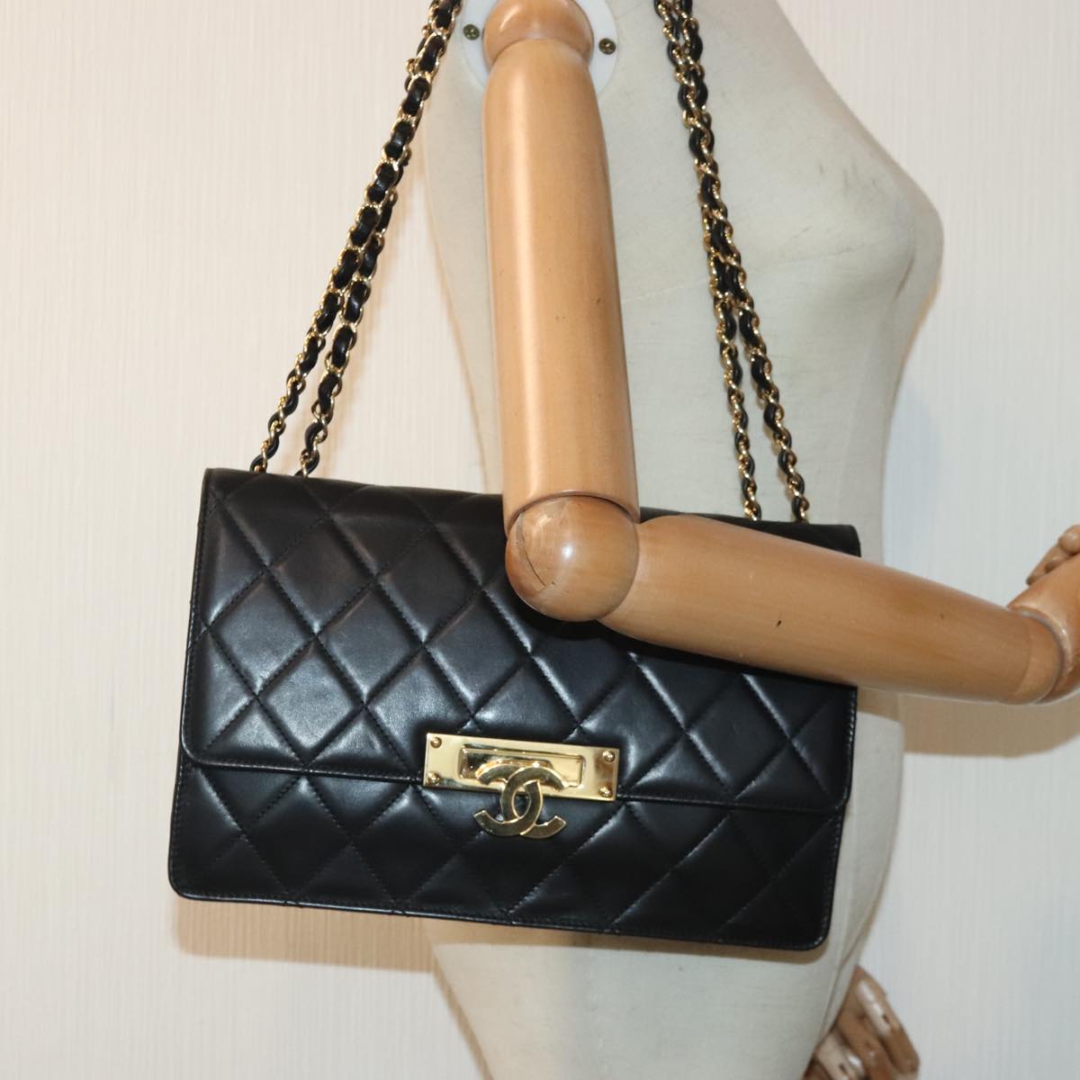 CHANEL Matelasse  COCO Mark Chain Bag Lamb Skin Black Gold CC yk15214A