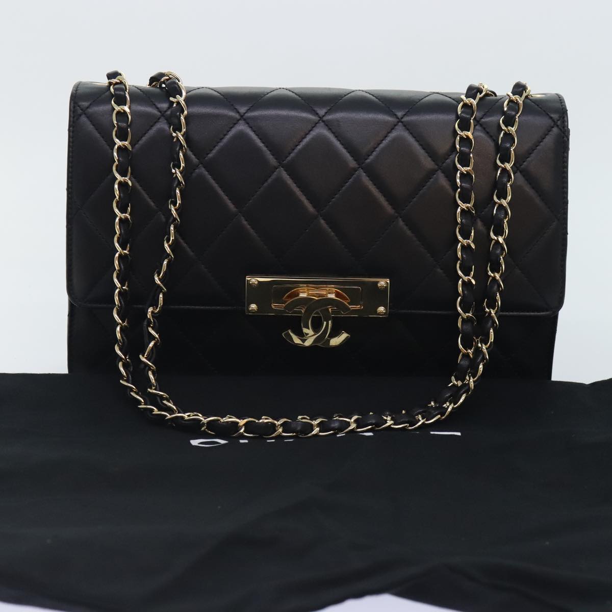 CHANEL Matelasse  COCO Mark Chain Bag Lamb Skin Black Gold CC yk15214A