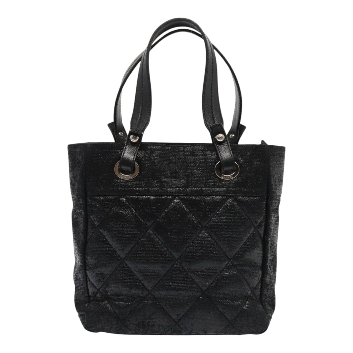 CHANEL Paris Biarritz PM Hand Bag Coated Canvas Black Silver CC yk15242