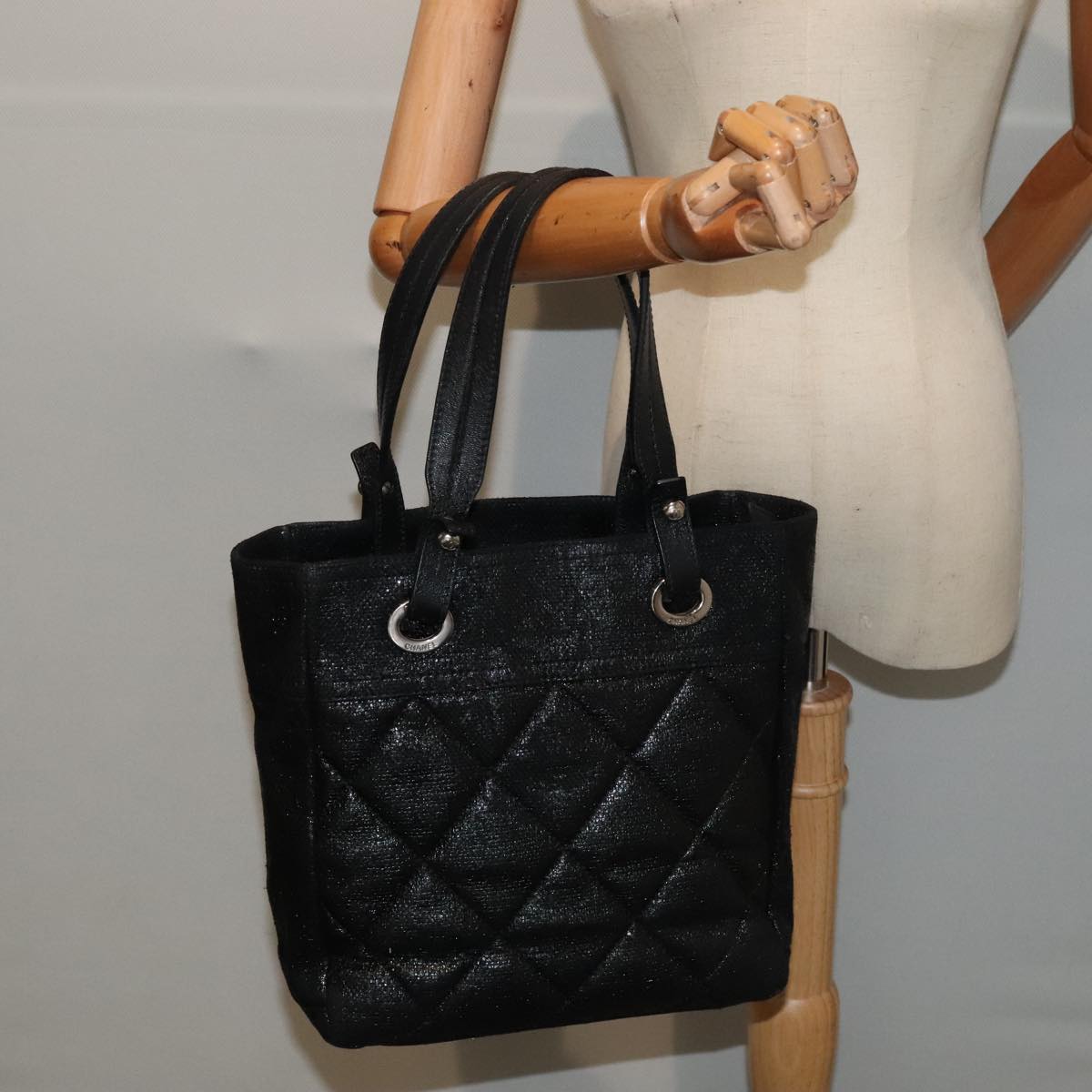 CHANEL Paris Biarritz PM Hand Bag Coated Canvas Black Silver CC yk15242