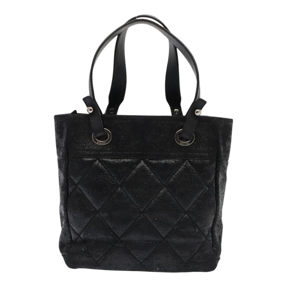 CHANEL Paris Biarritz PM Hand Bag Coated Canvas Black Silver CC yk15242