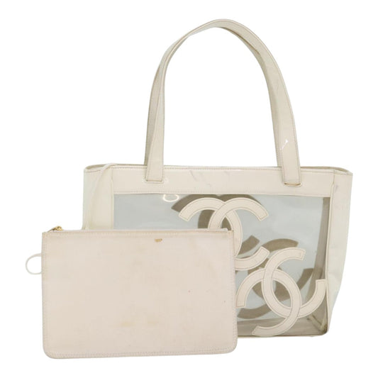 CHANEL Triple Coco Tote Bag Vinyl White Gold CC yk15356