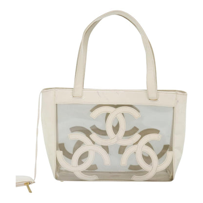 CHANEL Triple Coco Tote Bag Vinyl White Gold CC yk15356