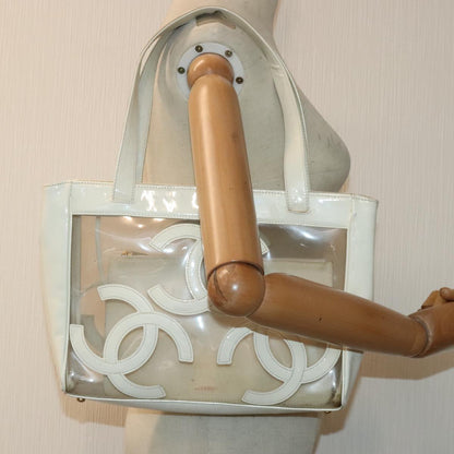 CHANEL Triple Coco Tote Bag Vinyl White Gold CC yk15356