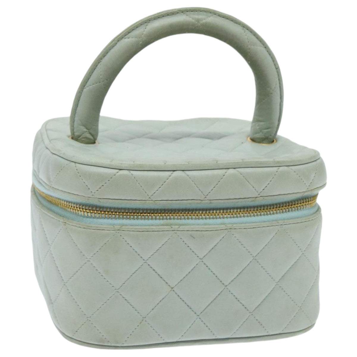 CHANEL Matelasse Vanity Cosmetic Pouch Lamb Skin Blue Gold CC yk15445