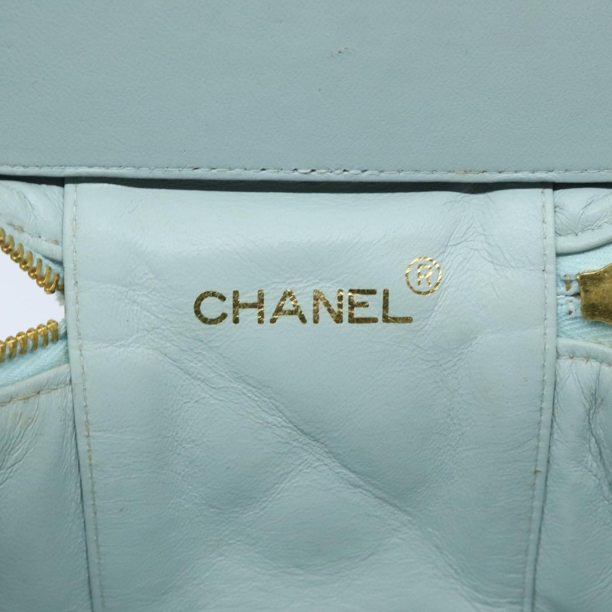 CHANEL Matelasse Vanity Cosmetic Pouch Lamb Skin Blue Gold CC yk15445