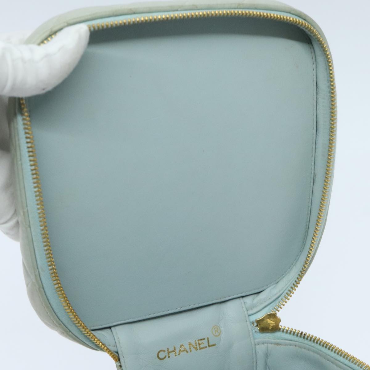 CHANEL Matelasse Vanity Cosmetic Pouch Lamb Skin Blue Gold CC yk15445
