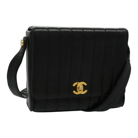 CHANEL Mademoiselle Shoulder Bag Lamb Skin Black Gold CC yk15502A