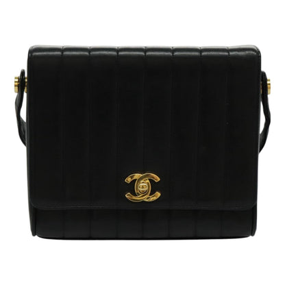 CHANEL Mademoiselle Shoulder Bag Lamb Skin Black Gold CC yk15502A