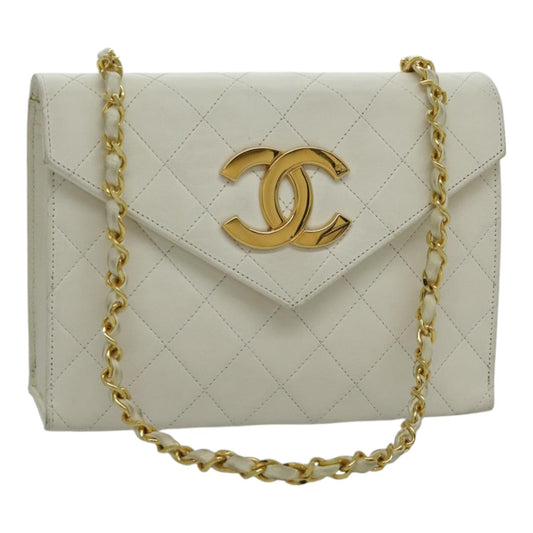 CHANEL Matelasse Big COCO Mark Chain Bag Lamb Skin White Gold CC yk15609A