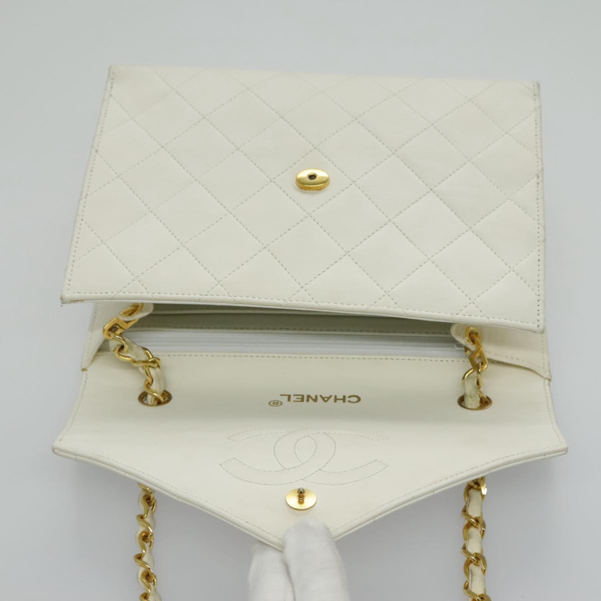 CHANEL Matelasse Big COCO Mark Chain Bag Lamb Skin White Gold CC yk15609A