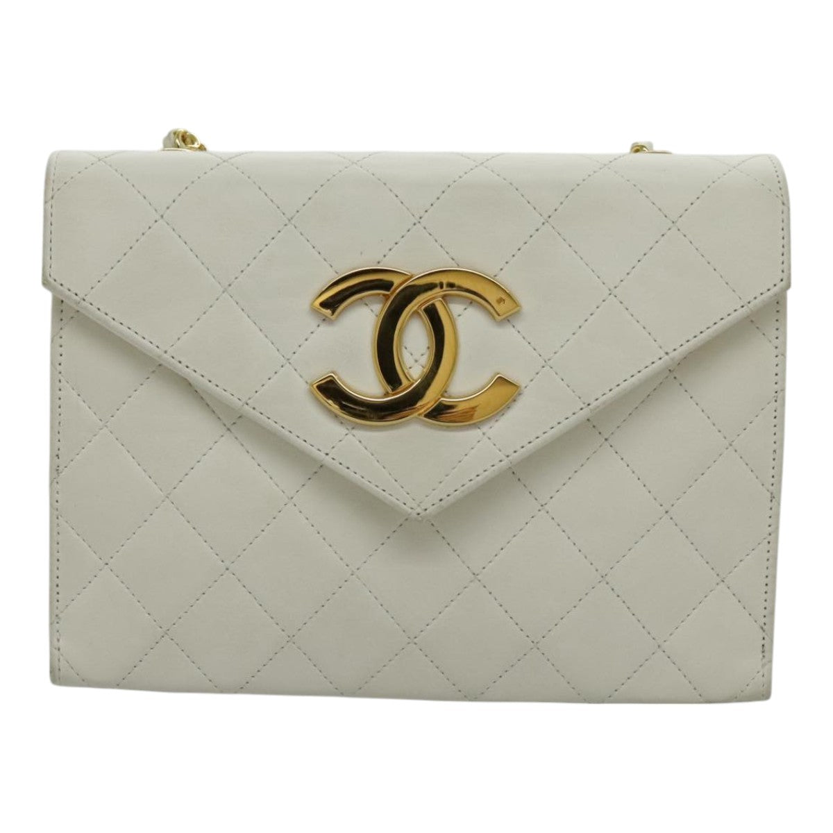 CHANEL Matelasse Big COCO Mark Chain Bag Lamb Skin White Gold CC yk15609A