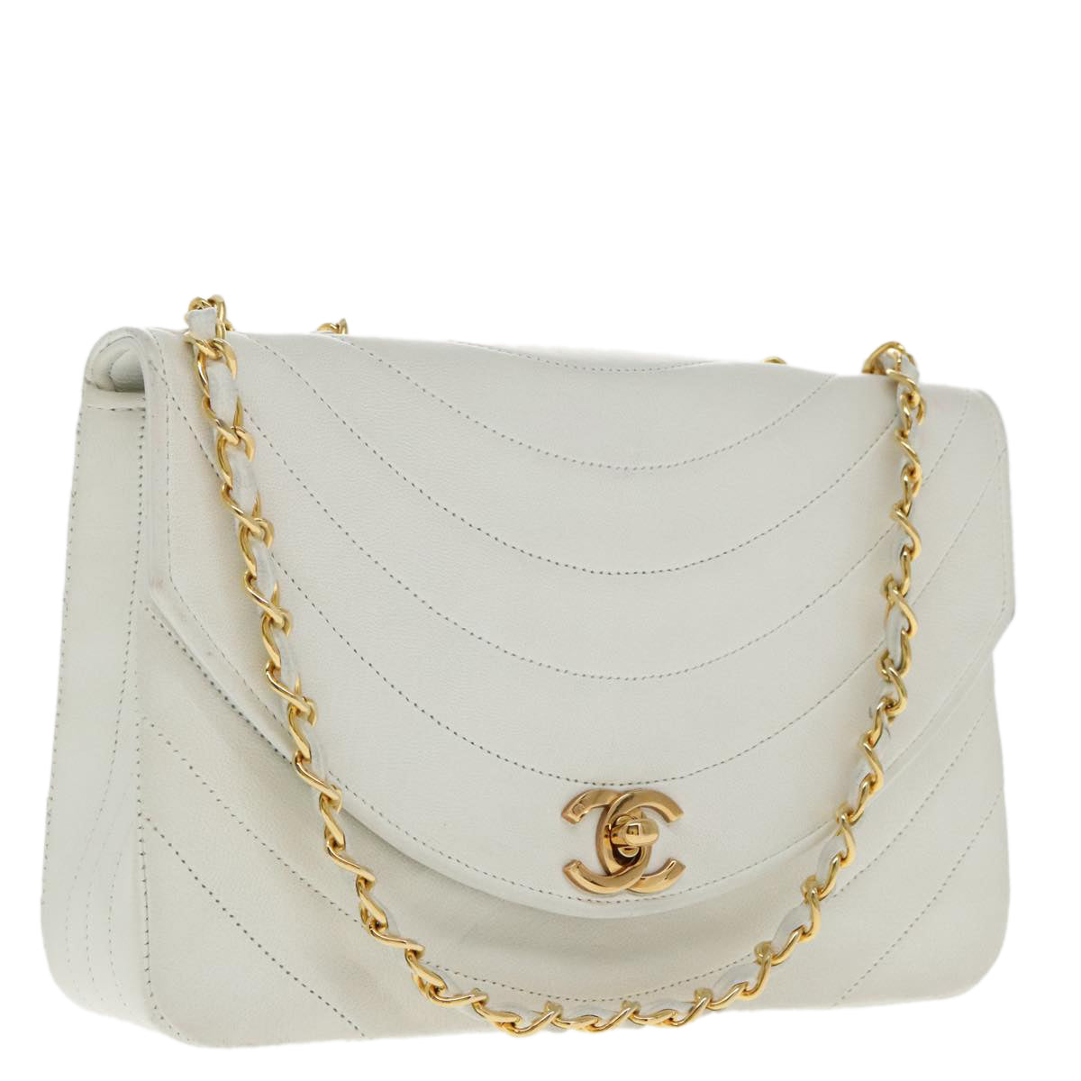 CHANEL Wave Stitch Chain Hand Bag Lamb Skin White Gold CC yk15635A