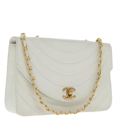 CHANEL Wave Stitch Chain Hand Bag Lamb Skin White Gold CC yk15635A
