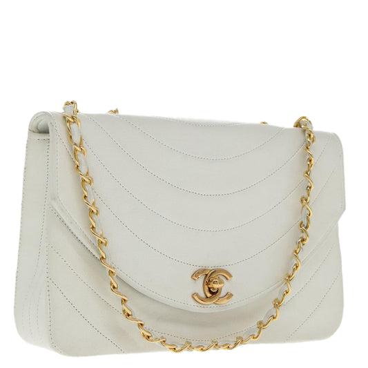 CHANEL Wave Stitch Chain Hand Bag Lamb Skin White Gold CC yk15635A