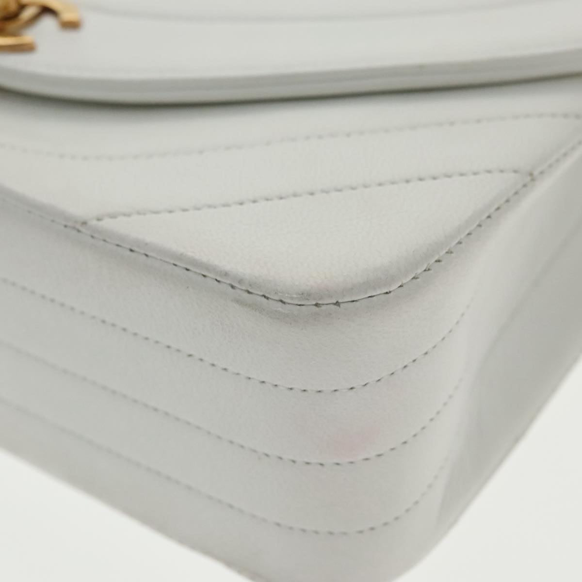 CHANEL Wave Stitch Chain Hand Bag Lamb Skin White Gold CC yk15635A