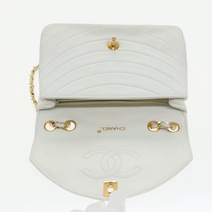 CHANEL Wave Stitch Chain Hand Bag Lamb Skin White Gold CC yk15635A