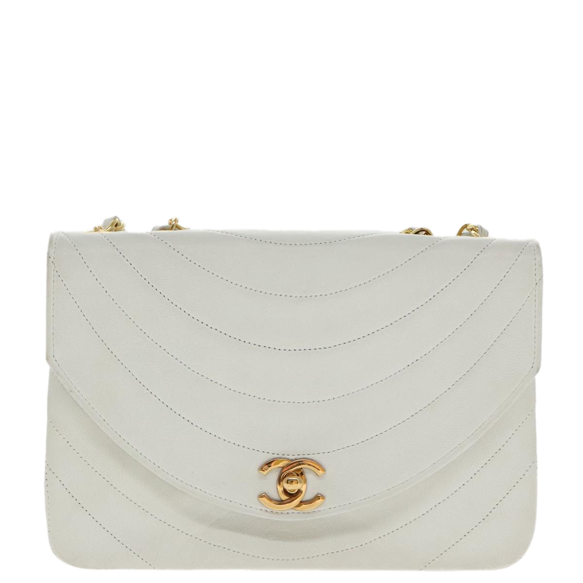CHANEL Wave Stitch Chain Hand Bag Lamb Skin White Gold CC yk15635A