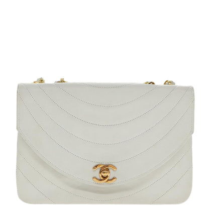 CHANEL Wave Stitch Chain Hand Bag Lamb Skin White Gold CC yk15635A