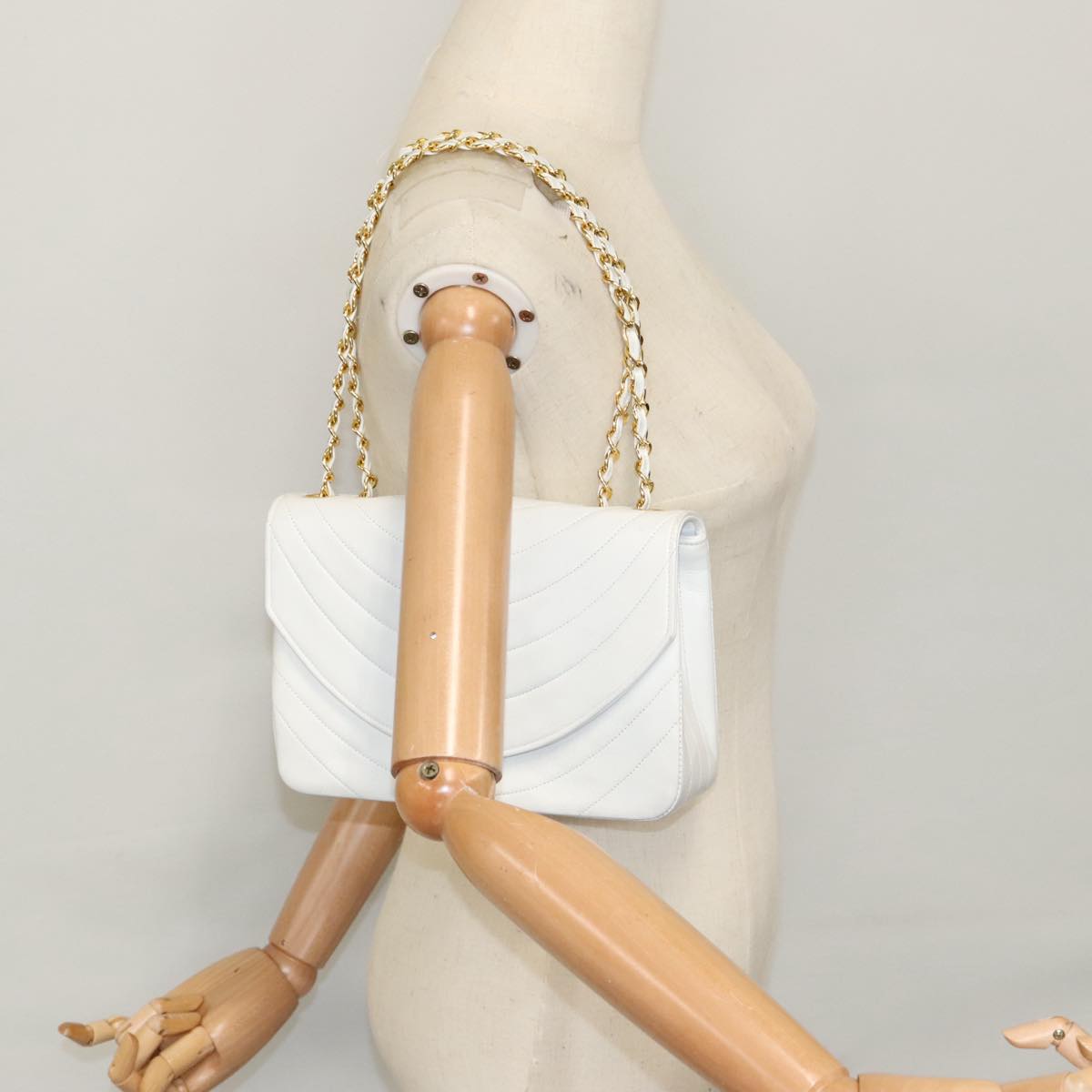 CHANEL Wave Stitch Chain Hand Bag Lamb Skin White Gold CC yk15635A