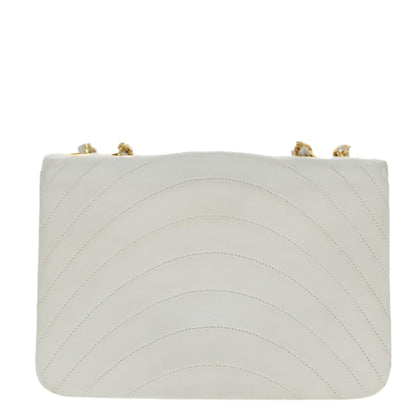 CHANEL Wave Stitch Chain Hand Bag Lamb Skin White Gold CC yk15635A