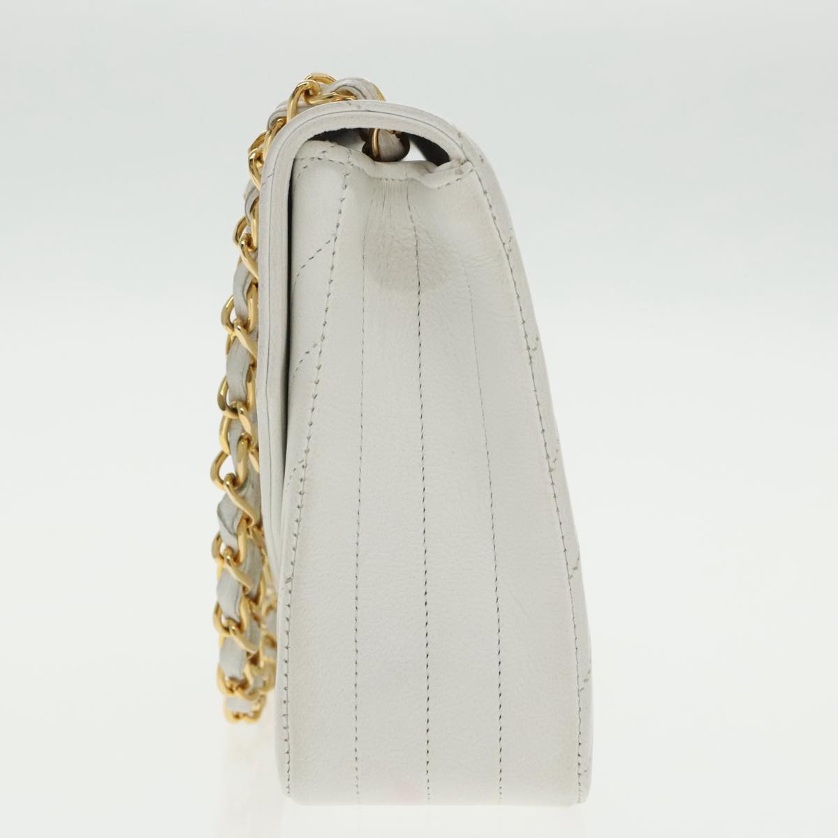 CHANEL Wave Stitch Chain Hand Bag Lamb Skin White Gold CC yk15635A