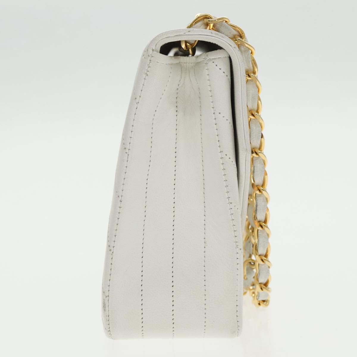 CHANEL Wave Stitch Chain Hand Bag Lamb Skin White Gold CC yk15635A