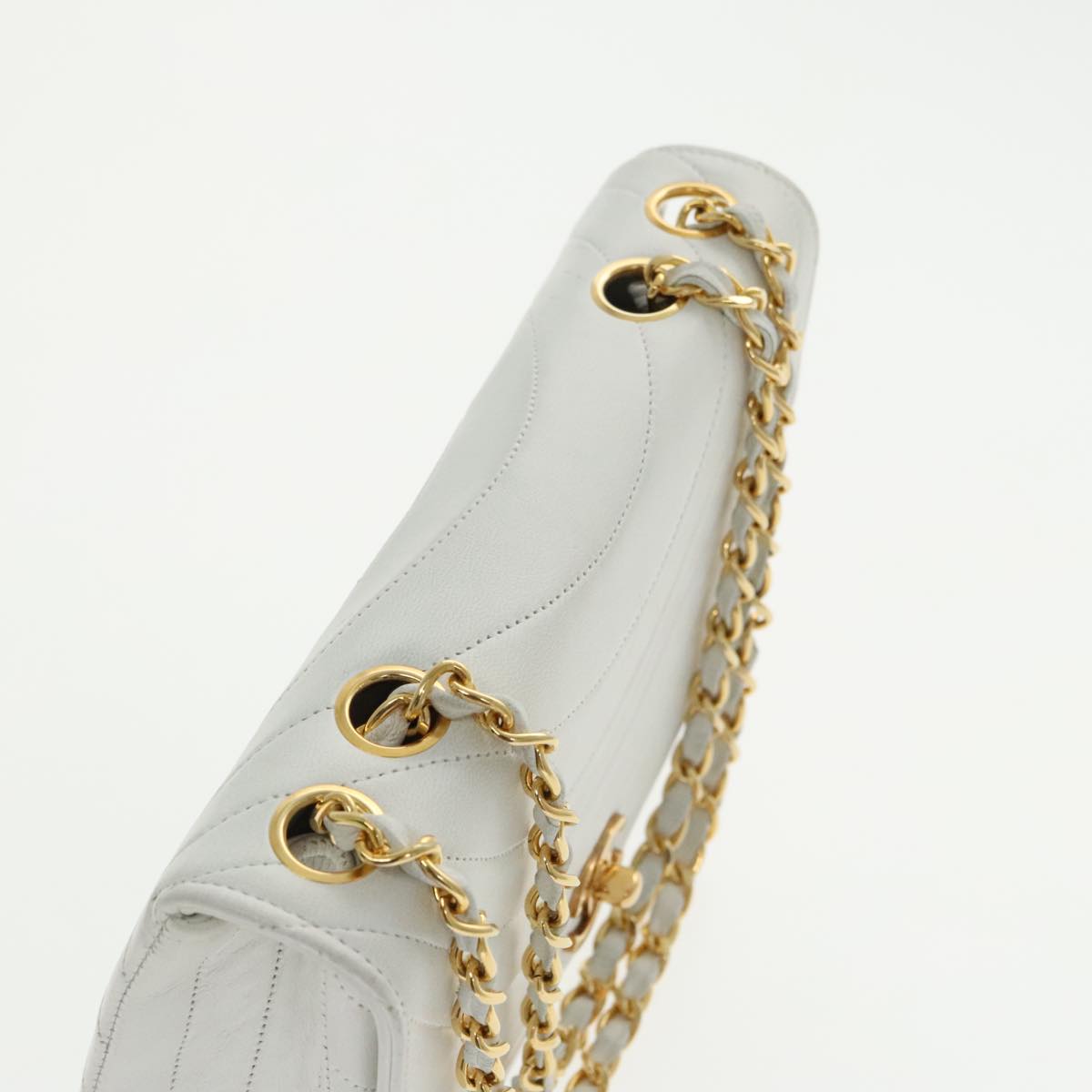 CHANEL Wave Stitch Chain Hand Bag Lamb Skin White Gold CC yk15635A
