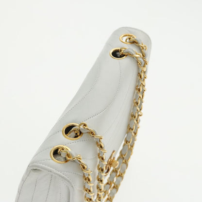 CHANEL Wave Stitch Chain Hand Bag Lamb Skin White Gold CC yk15635A