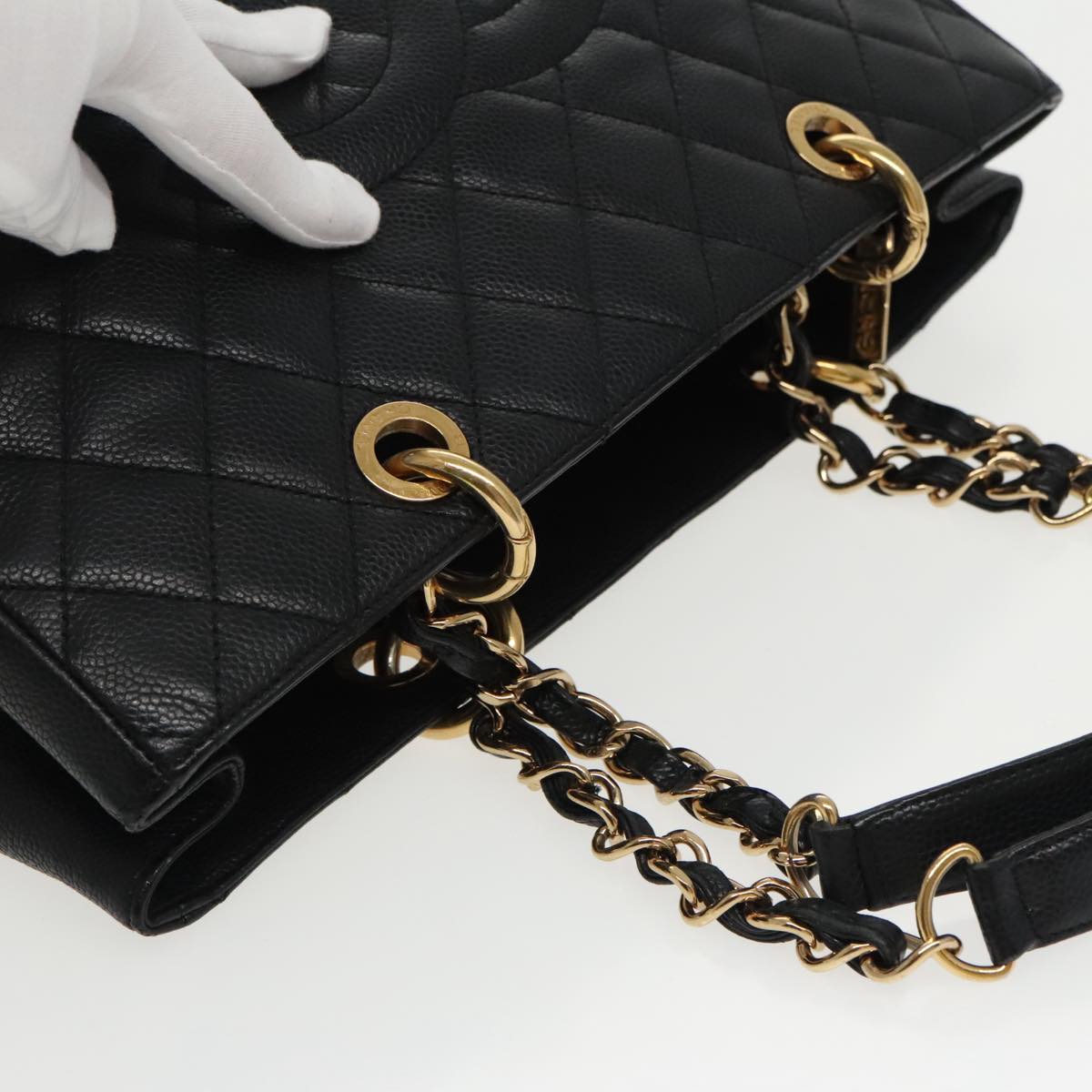 CHANEL Matelasse Chain Tote Bag Caviar Skin GST Black CC yk15656A