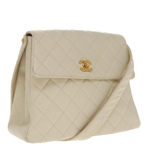 CHANEL Matelasse Shoulder Bag Lamb Skin White Gold CC yk15665A