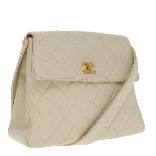 CHANEL Matelasse Shoulder Bag Lamb Skin White Gold CC yk15665A