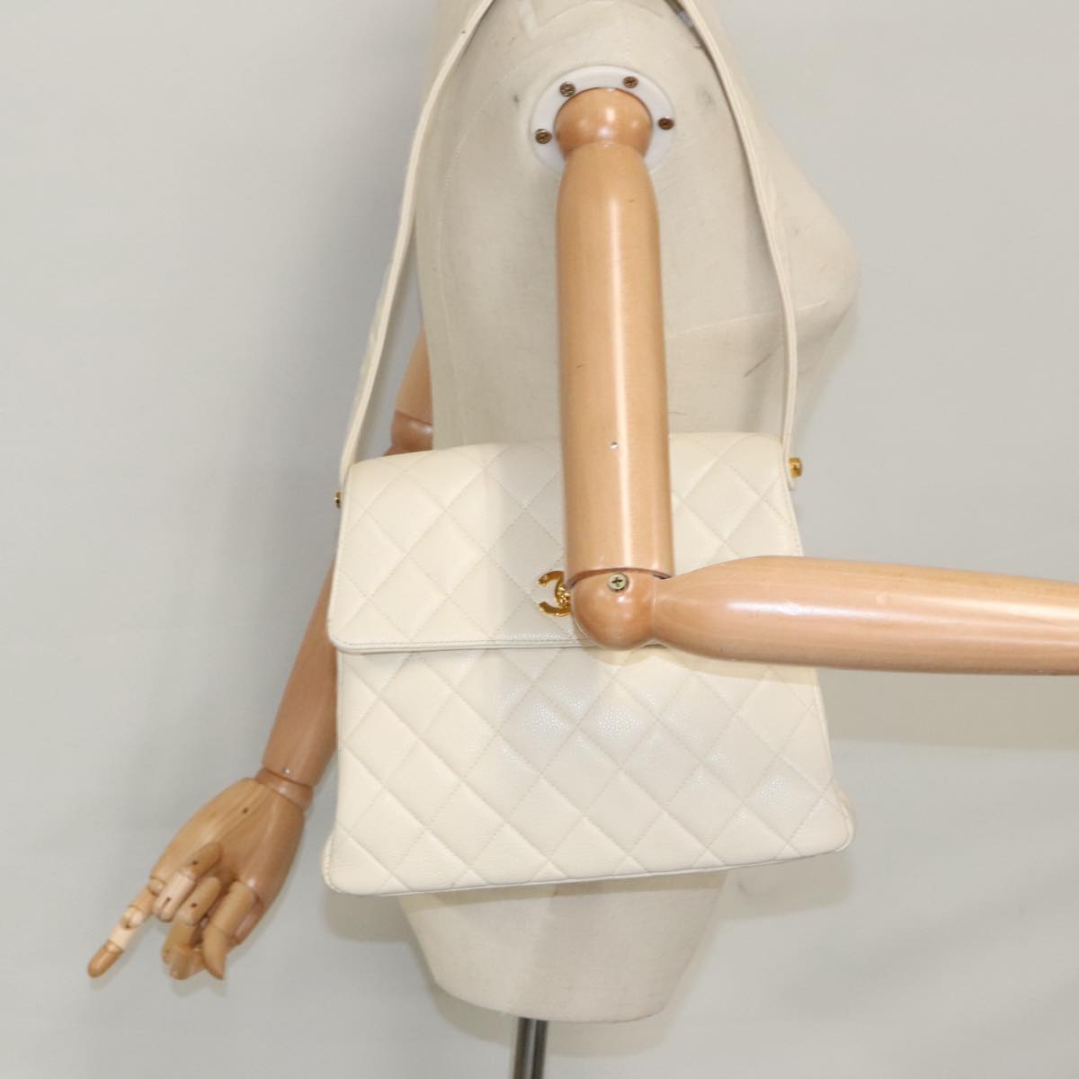 CHANEL Matelasse Shoulder Bag Lamb Skin White Gold CC yk15665A