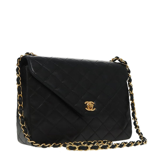 CHANEL Matelasse Chain Shoulder Bag Lamb Skin Black Gold CC yk15735