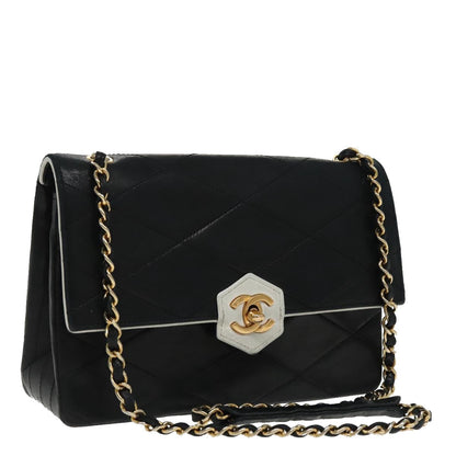 CHANEL Matelasse Chain Shoulder Bag Lamb Skin Black Gold white CC yk15737