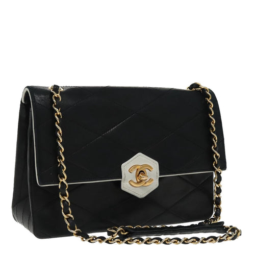 CHANEL Matelasse Chain Shoulder Bag Lamb Skin Black Gold white CC yk15737