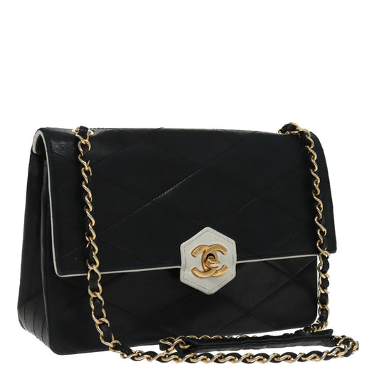 CHANEL Matelasse Chain Shoulder Bag Lamb Skin Black Gold white CC yk15737