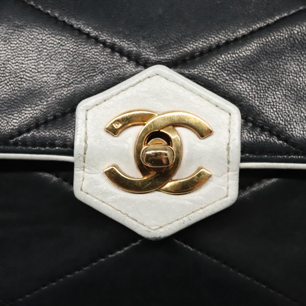 CHANEL Matelasse Chain Shoulder Bag Lamb Skin Black Gold white CC yk15737