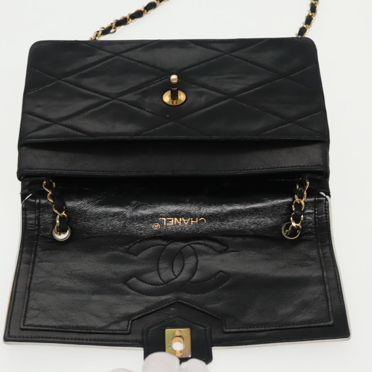 CHANEL Matelasse Chain Shoulder Bag Lamb Skin Black Gold white CC yk15737
