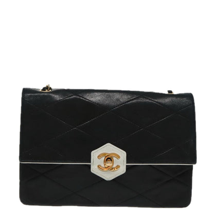 CHANEL Matelasse Chain Shoulder Bag Lamb Skin Black Gold white CC yk15737