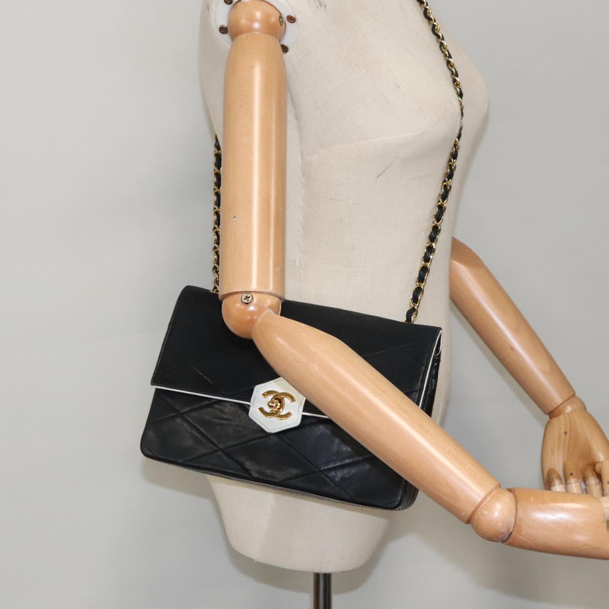 CHANEL Matelasse Chain Shoulder Bag Lamb Skin Black Gold white CC yk15737