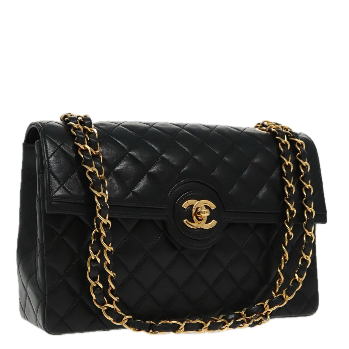 CHANEL Matelasse Turn Lock Chain Hand Bag Lamb Skin Black Gold CC yk15738A