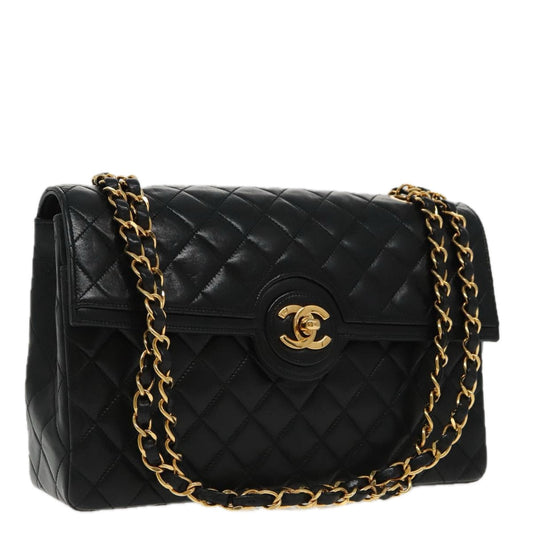 CHANEL Matelasse Turn Lock Chain Hand Bag Lamb Skin Black Gold CC yk15738A