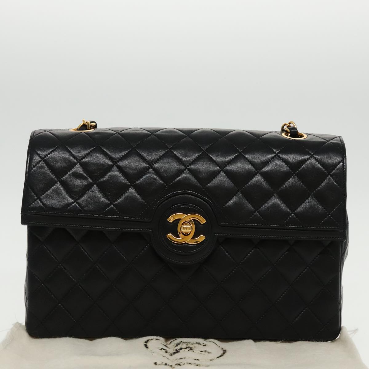 CHANEL Matelasse Turn Lock Chain Hand Bag Lamb Skin Black Gold CC yk15738A